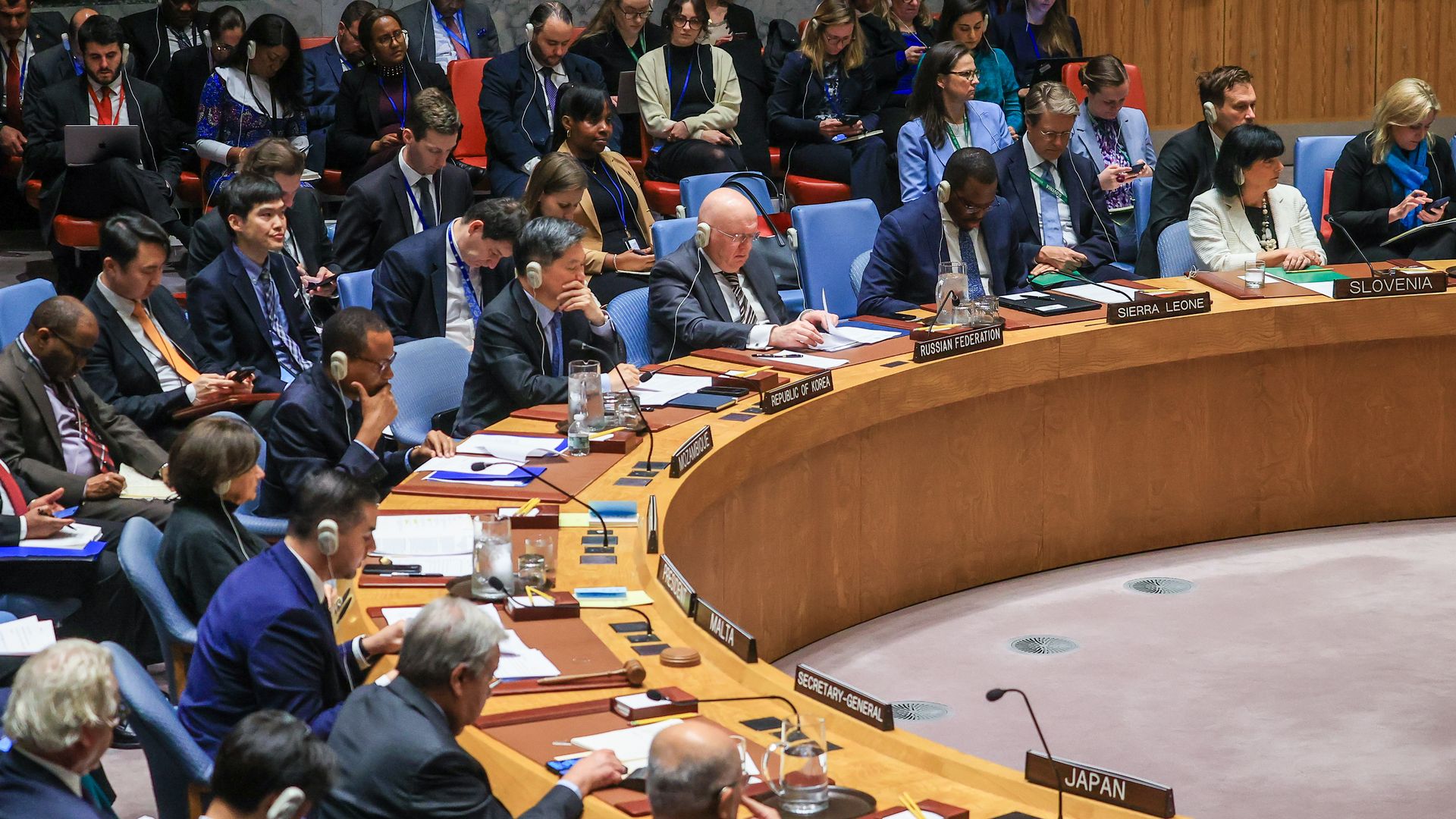 Maltese Minister for Foreign and European Affairs and Trade Ian Borg chairs the United Nations (UN) Security Council meeting on April 18, 2024. 