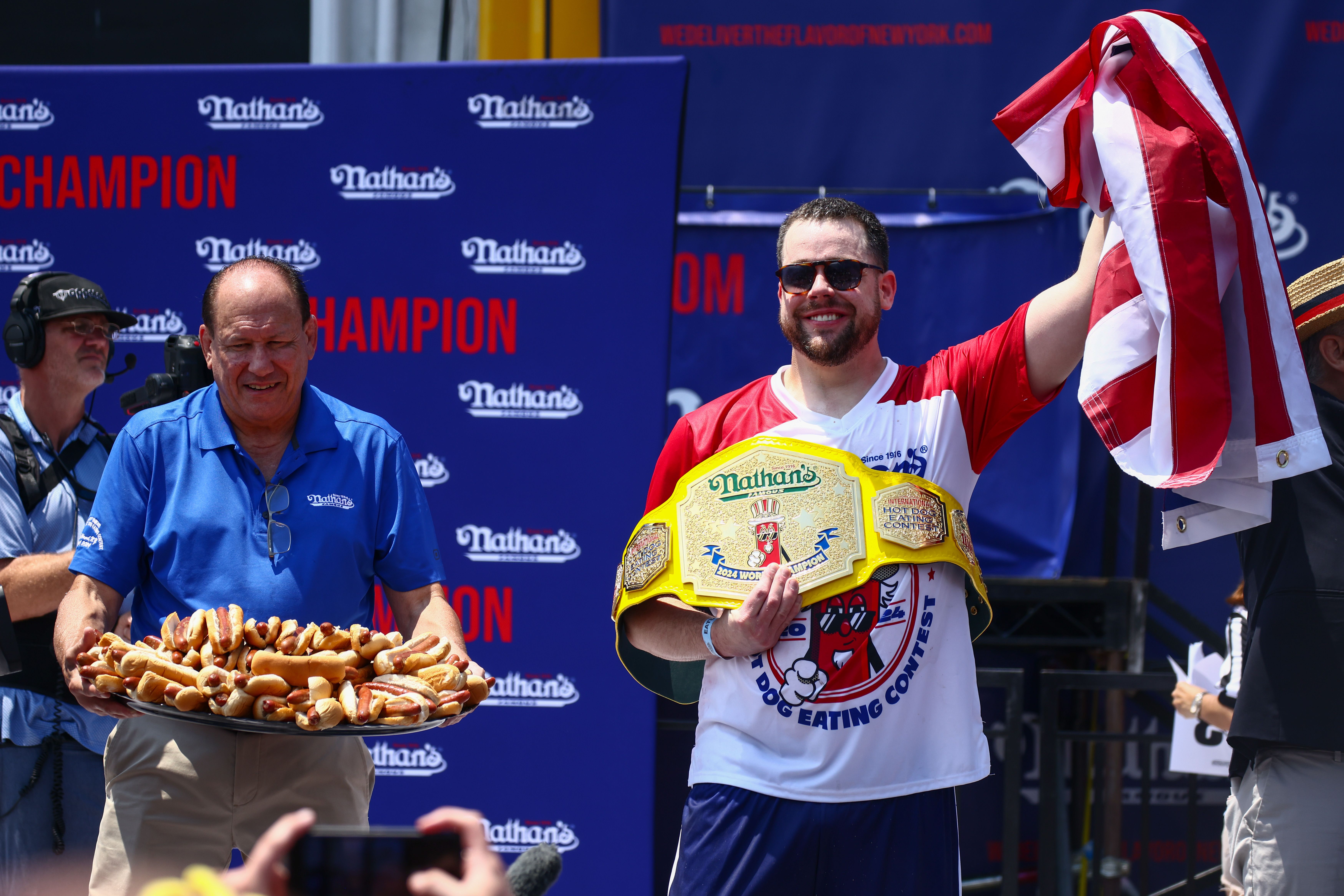 Patrick Bertoletti wins the men's title during Nathan's Famous Hot Dogs Eating Contest which takes place annually at Coney Island on Independence Day in New York, United States on America on July 4th, 2024. 