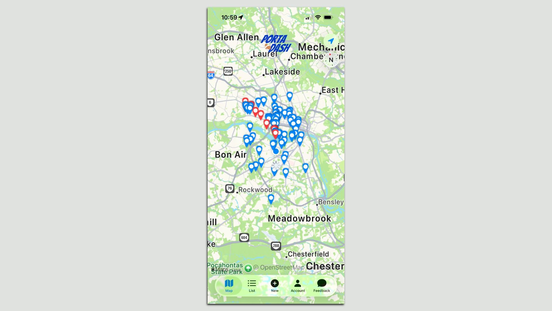 A map of potties shown via pins all over Richmond 