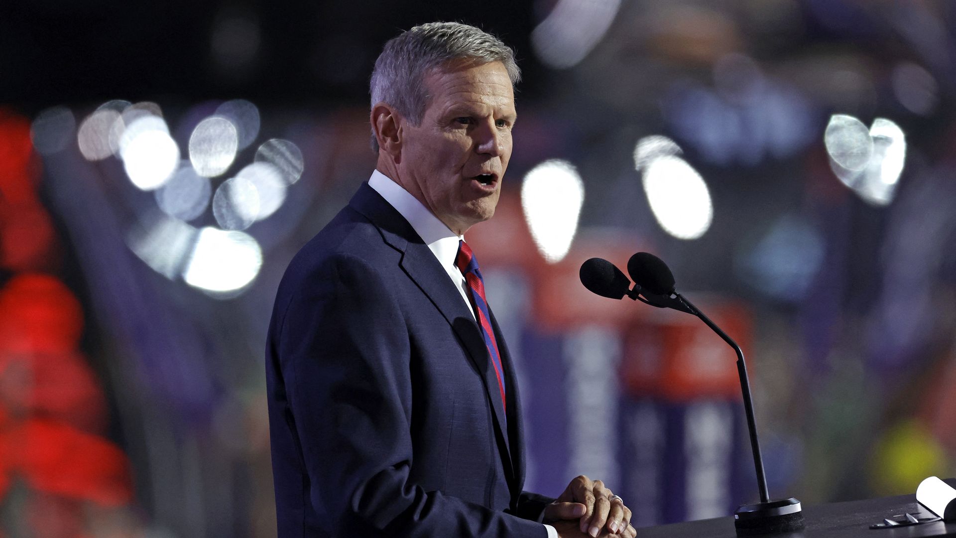 Tennessee Governor Bill Lee speaks during the second day of the 2024 Republican National Convention.
