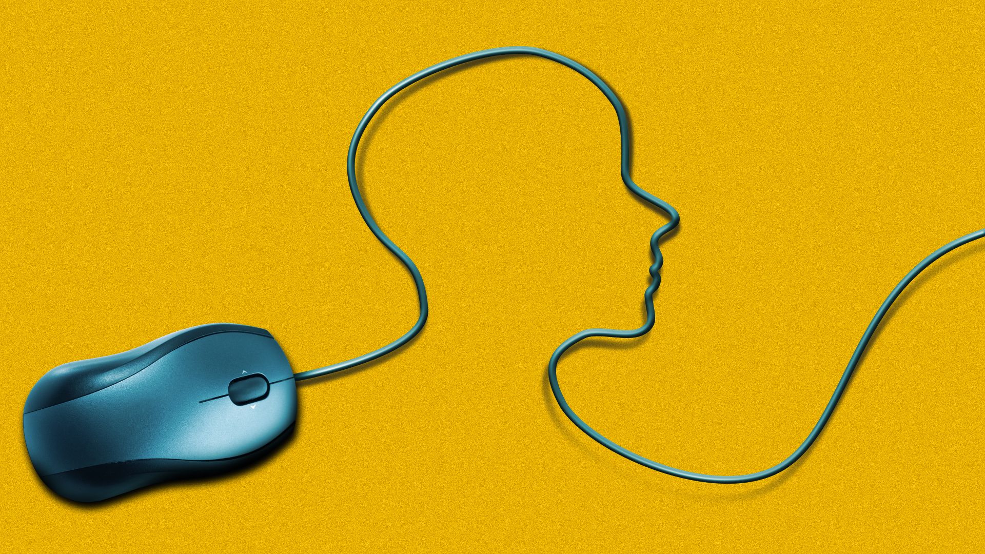 Illustration of a computer mouse with the cord forming the outline of a human head