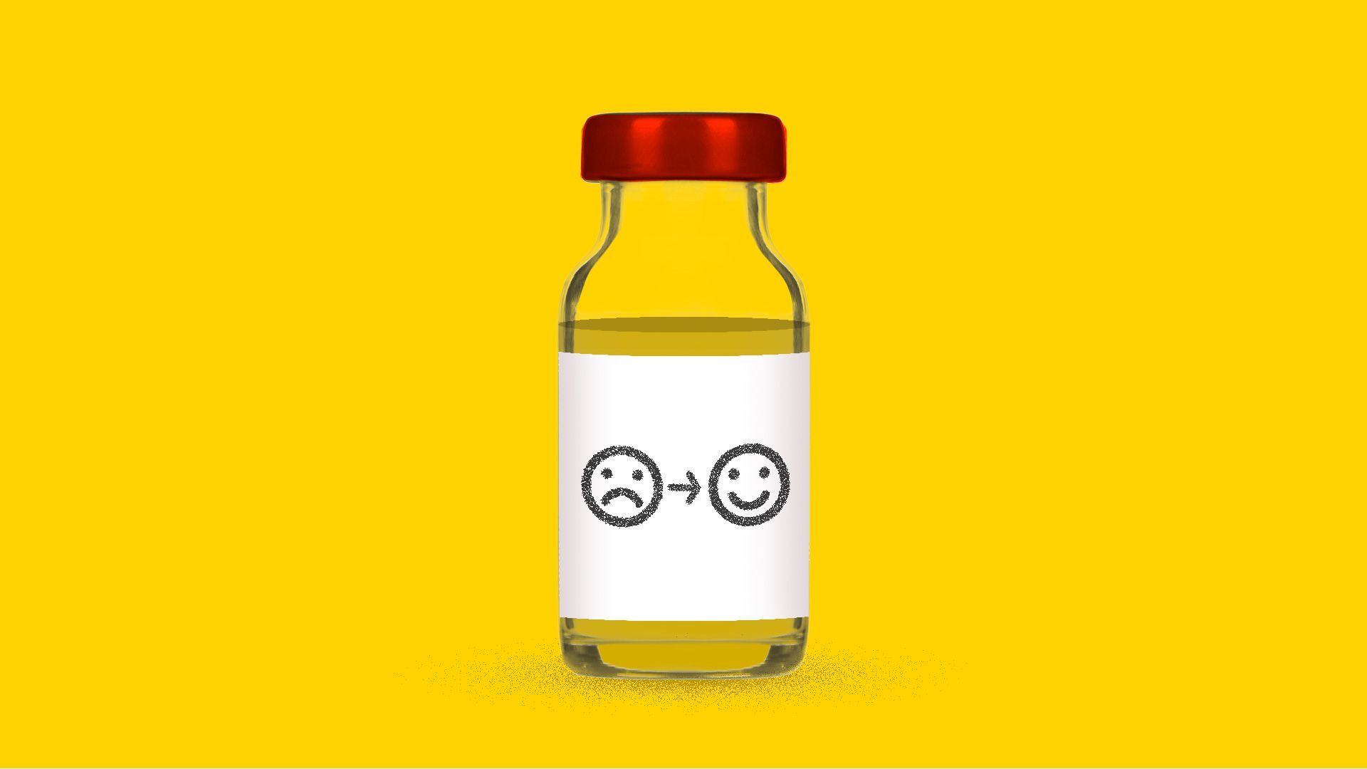 Illustration of drug bottle with ketamine and a frowny face turning into smiley face on label