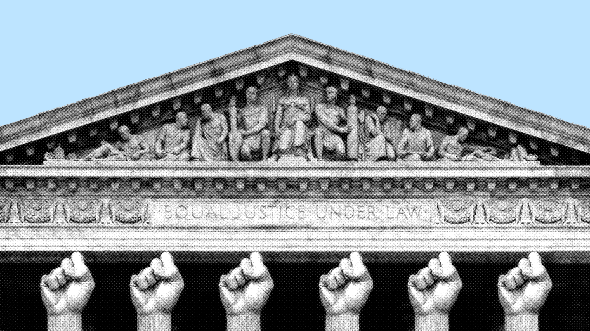 Supreme Court building with columns made out of raised fists