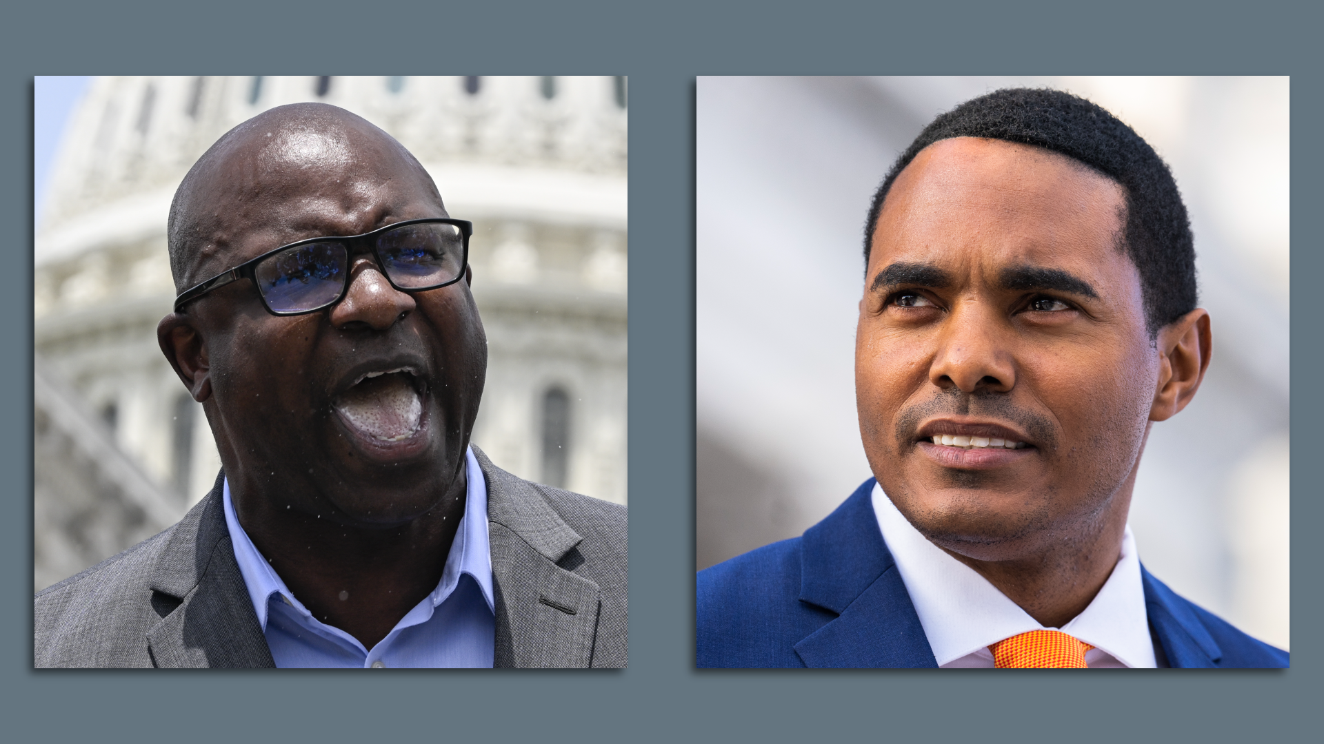 Reps. Jamaal Bowman, wearing a gray suit, and Ritchie Torres, wearing a blue suit, both standing outside the U.S. Capitol.