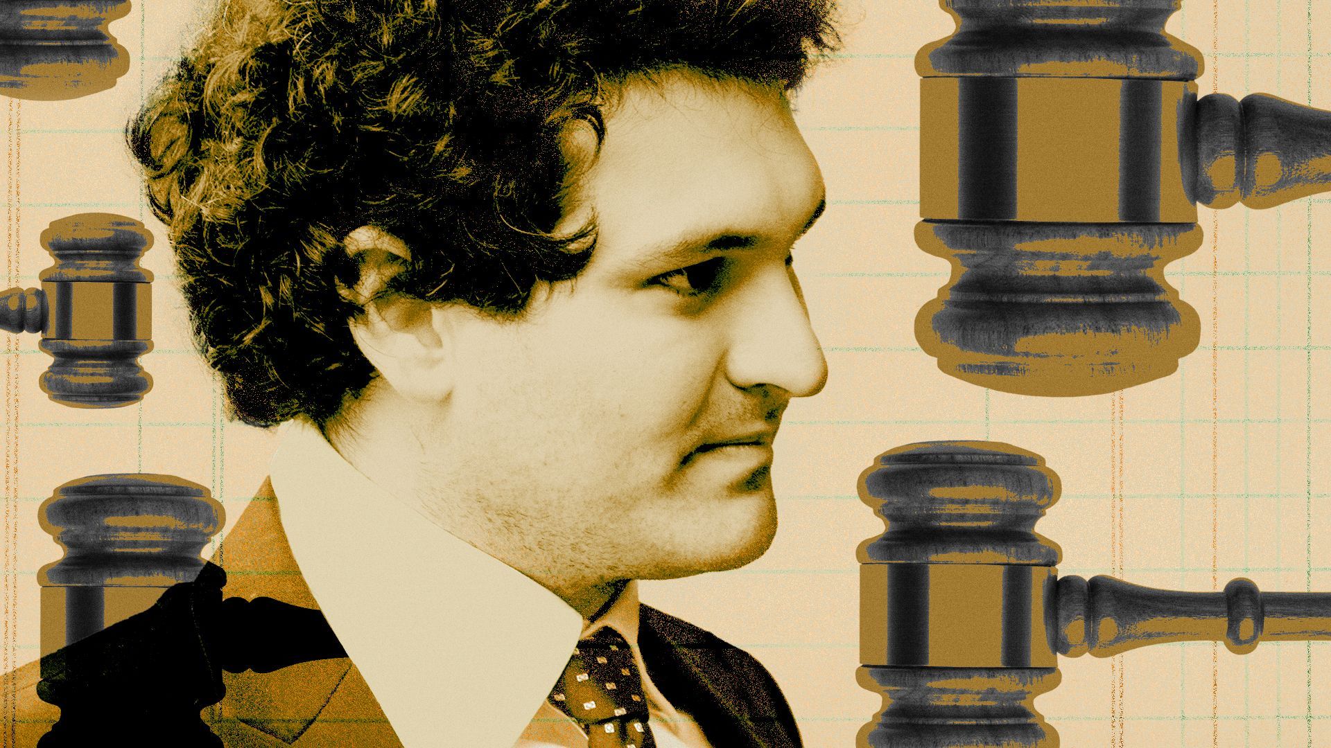 Photo illustration of Sam Bankman Fried with gavels.