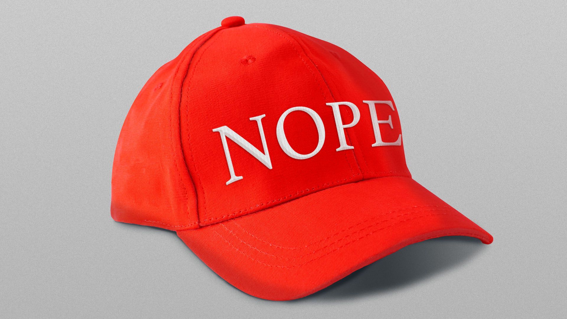 Illustration of a red Maga-like baseball cap that reads "nope"