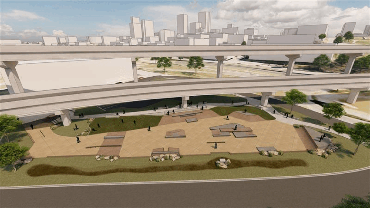Gif shows three renderings of the skatepark from different angles.
