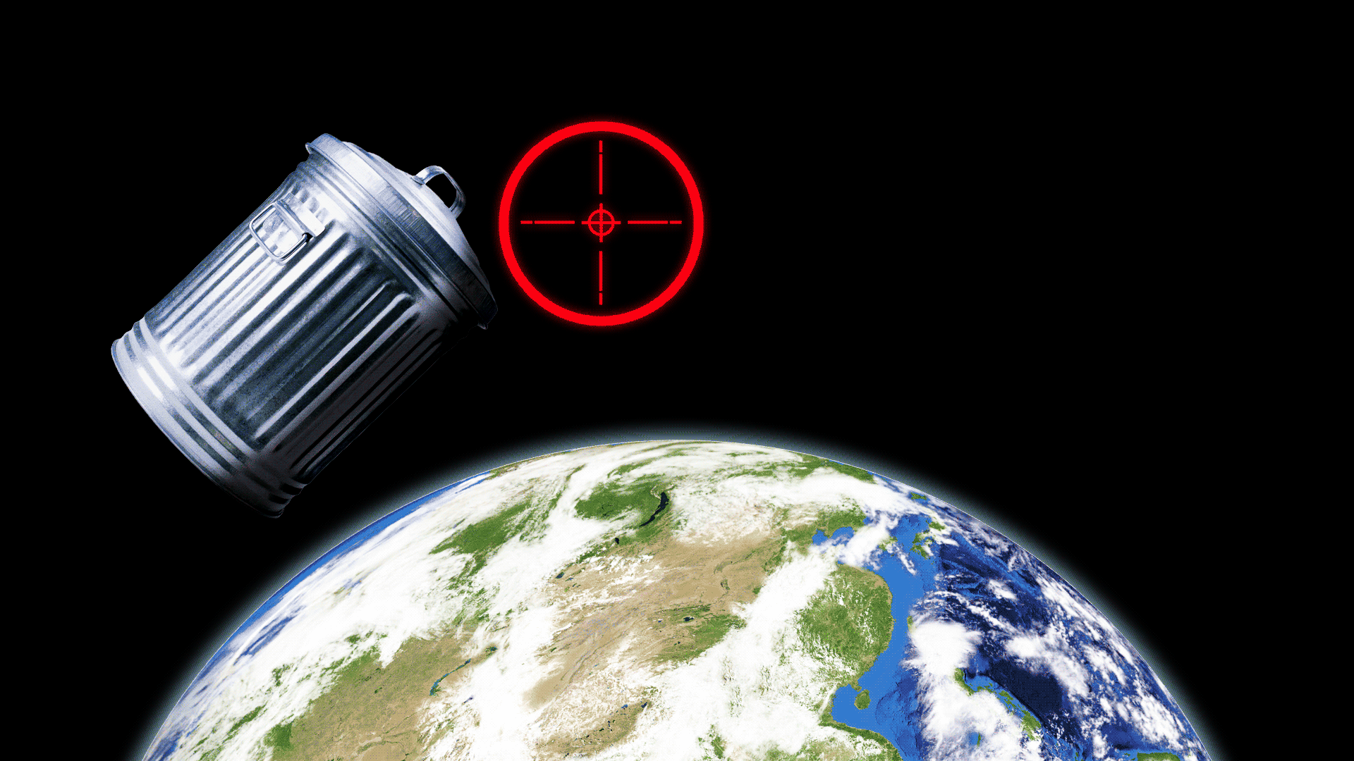 Animated GIF of a target locating a trash can floating around the earth