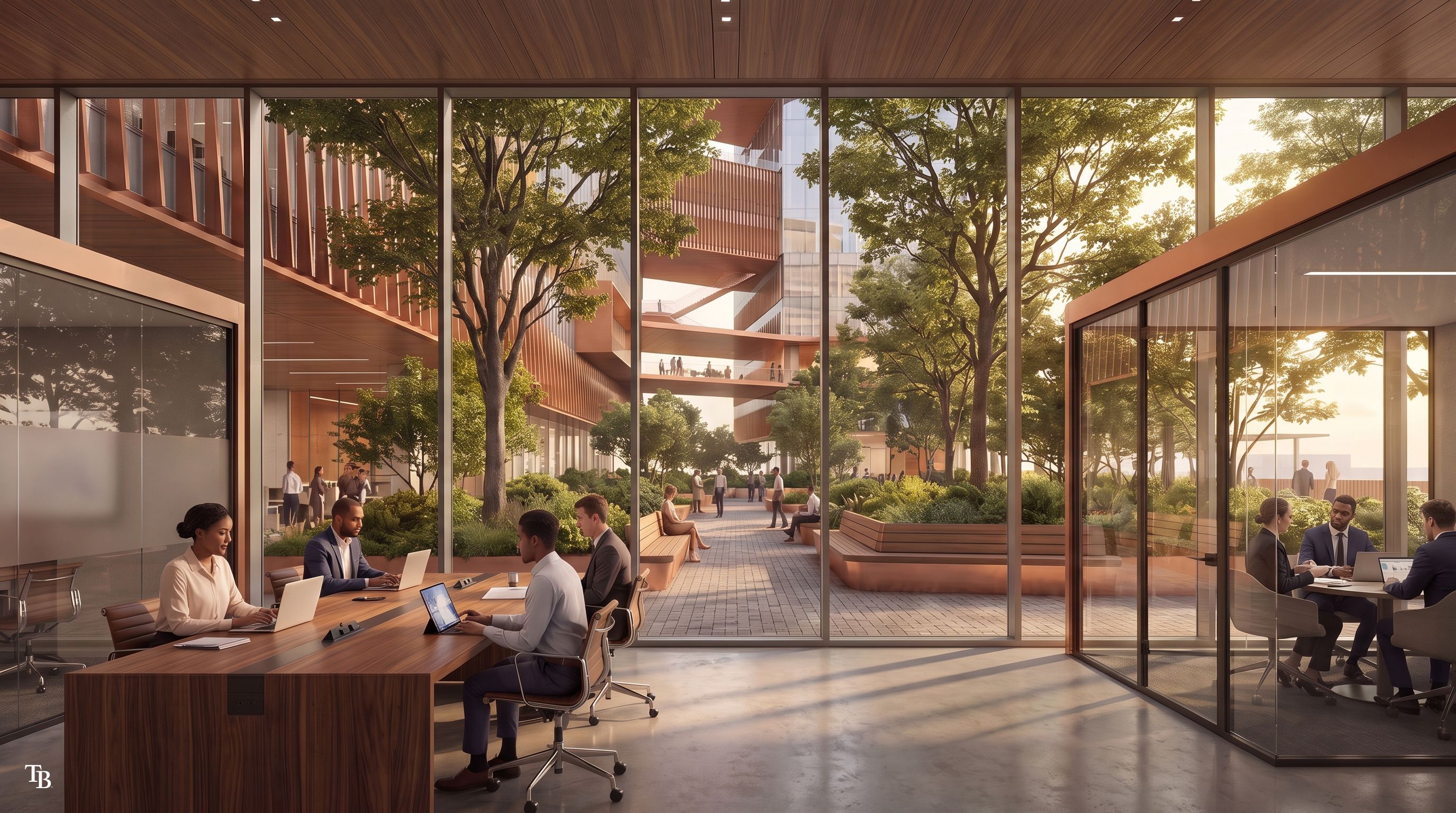 Interior of a modern office with glass walls opening to a sunlit indoor courtyard; trees and greenery framed by wooden beams and walkways. People sit at a long table and in conference rooms.