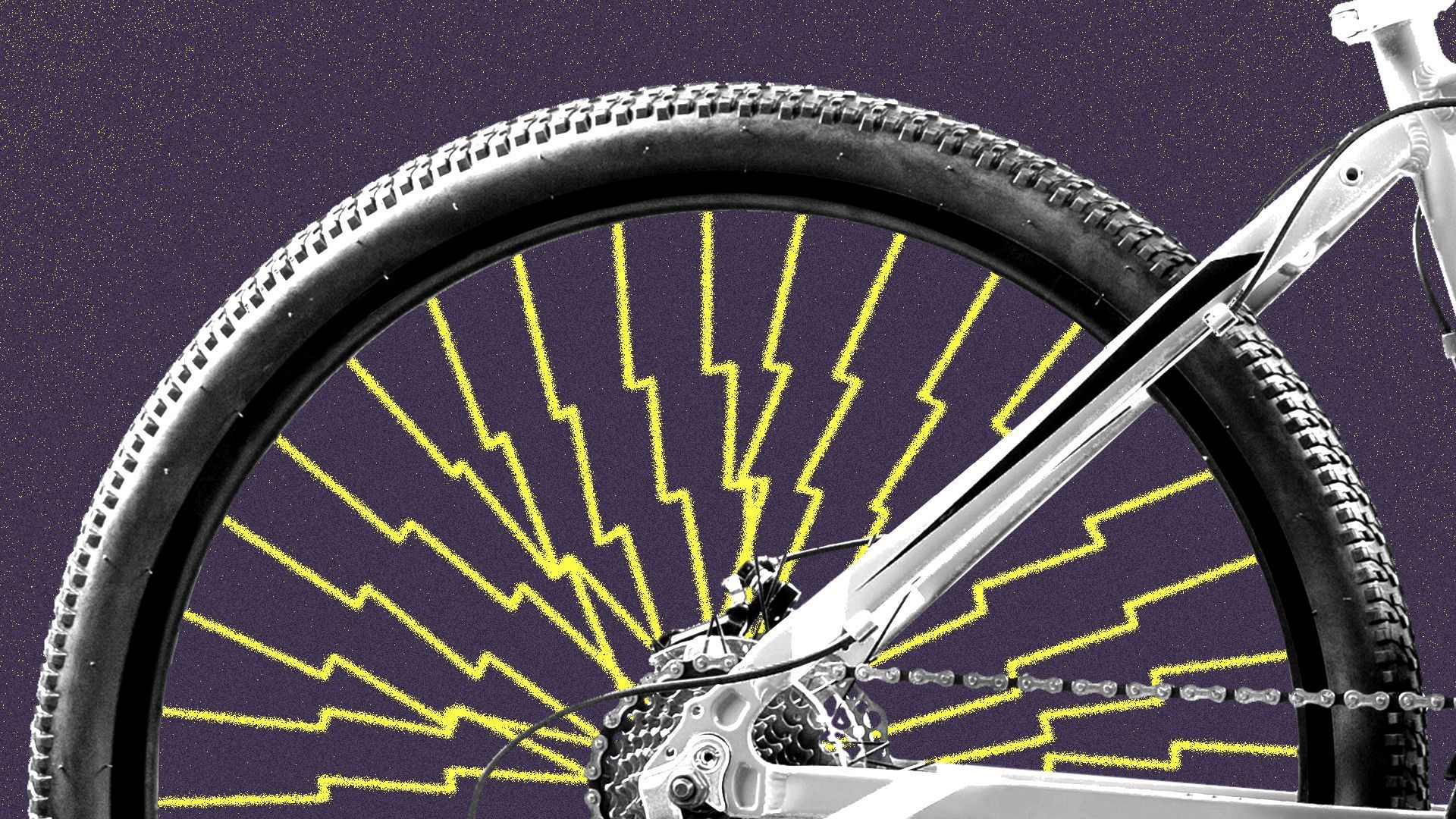 An illustration of a bicycle wheel with lighting bolts for spokes.