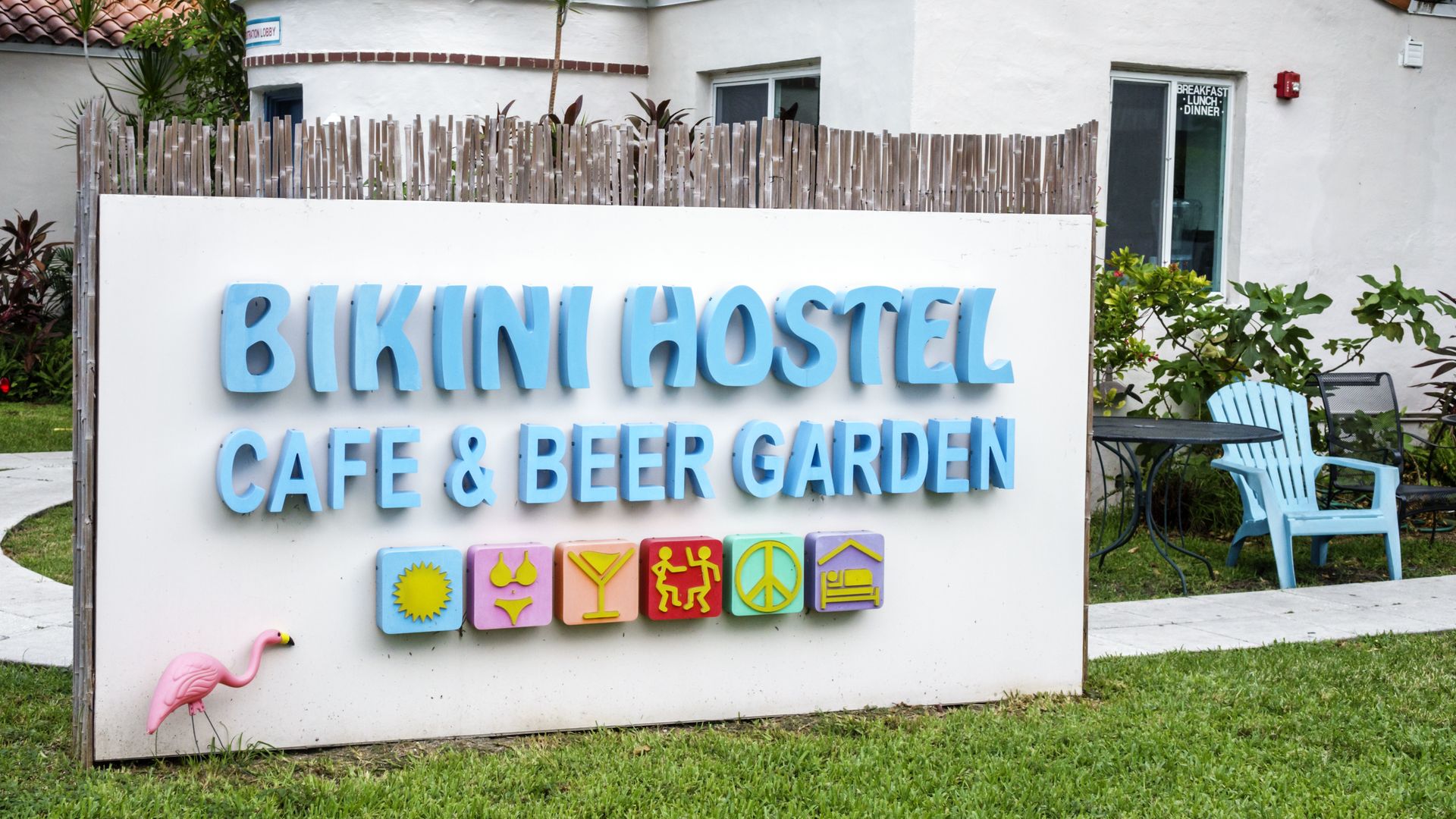 Bikini Hostel entrance sign. (Photo by: Jeffrey Greenberg/Universal Images Group via Getty Images)