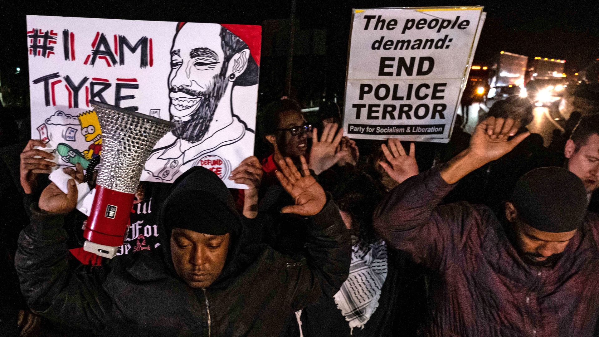  Protesters block traffic as they rally against the fatal police assault of Tyre Nichols, in Memphis, Tennessee on January 27, 2023