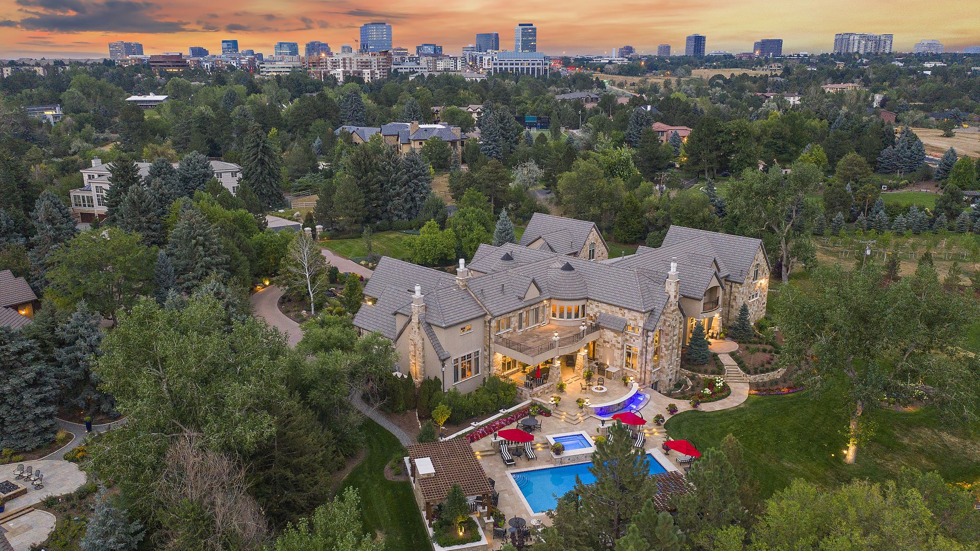 An aerial view of 5800 Piedmont Drive in Cherry Hills Village. Photo courtesy of Josh Drovdal