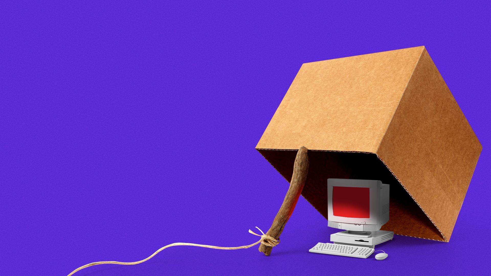 Illustration of a computer with a red screen under a box trap. Â