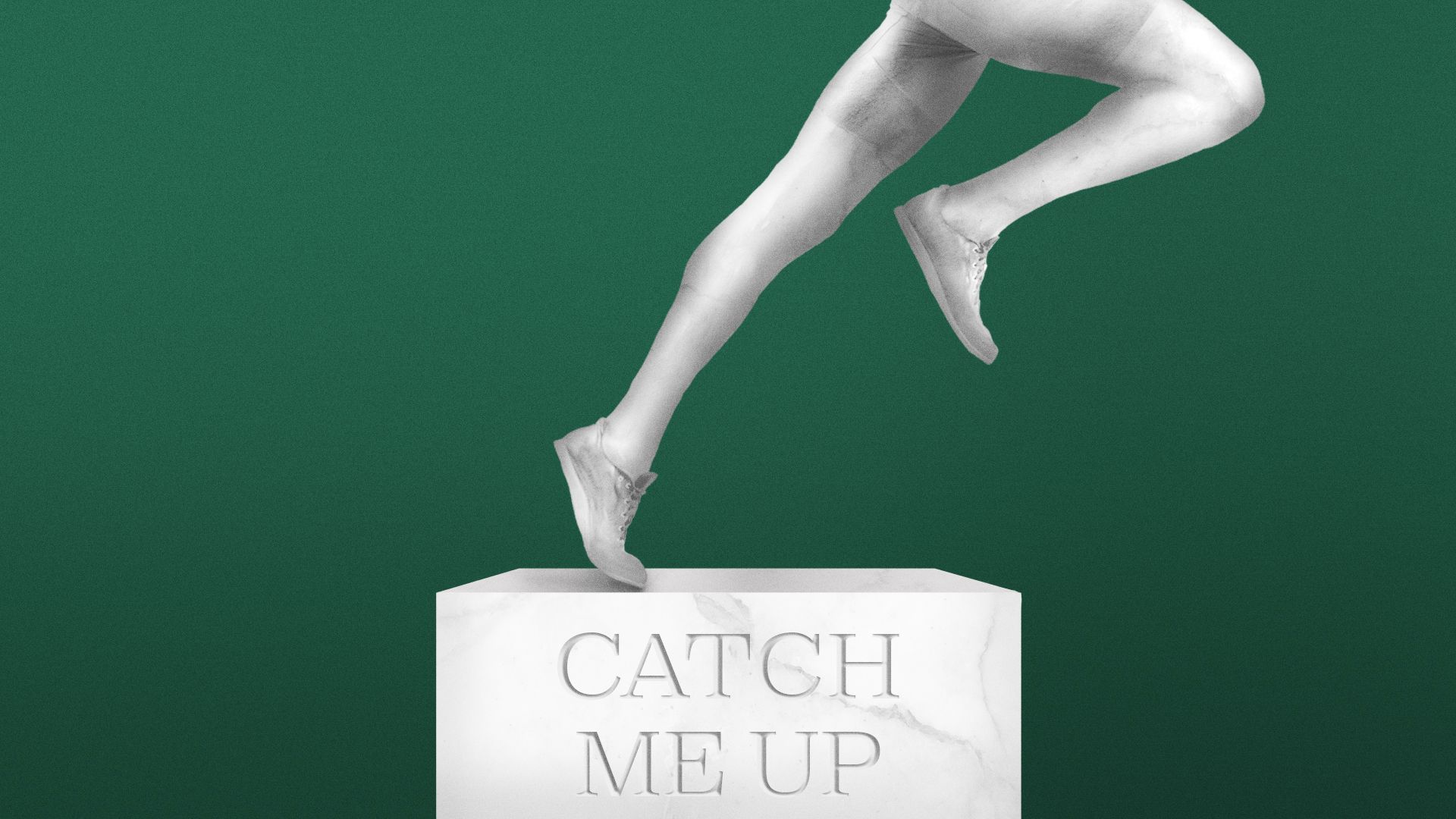 Illustration of a statue of a running person with the words "Catch Me Up" engraved on the pedestal.