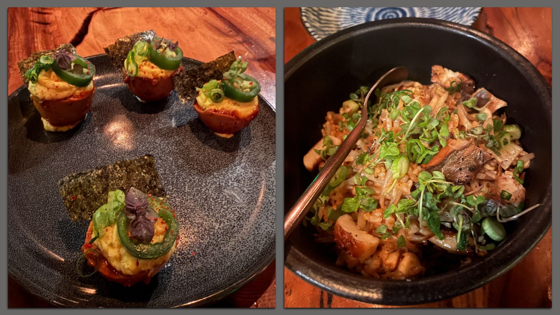 Two dishes: left, four bite-sized deviled eggs with green jalapeño slices, cilantro, and seaweed on black plate; right, fried rice with mushrooms and green herbs in black bowl with spoon.