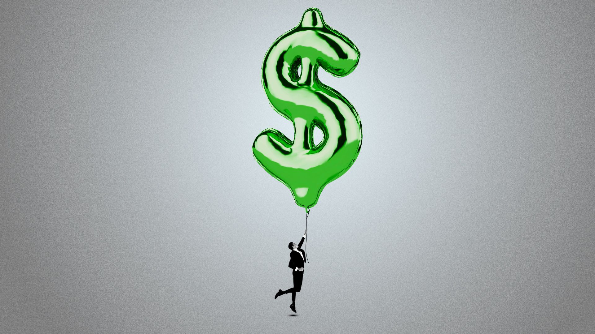 Illustration of a large dollar bill sign balloon being held by a man who is floating slightly off the ground.