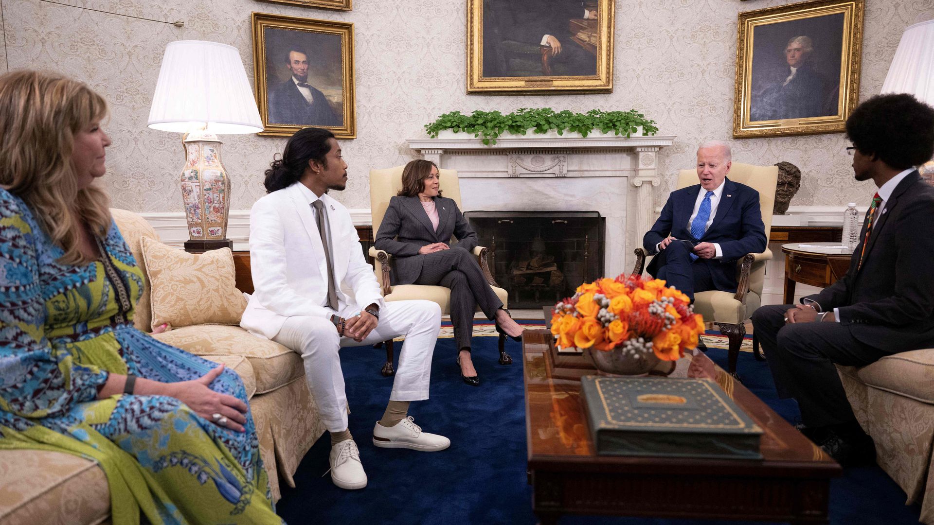 Joe Biden and Vice President Kamala Harris meet with Tennessee Democrats expelled from the Tennessee state legislature over gun control protest Justin Jones (2nd L), Justin Pearson (R) and Gloria Johnson 