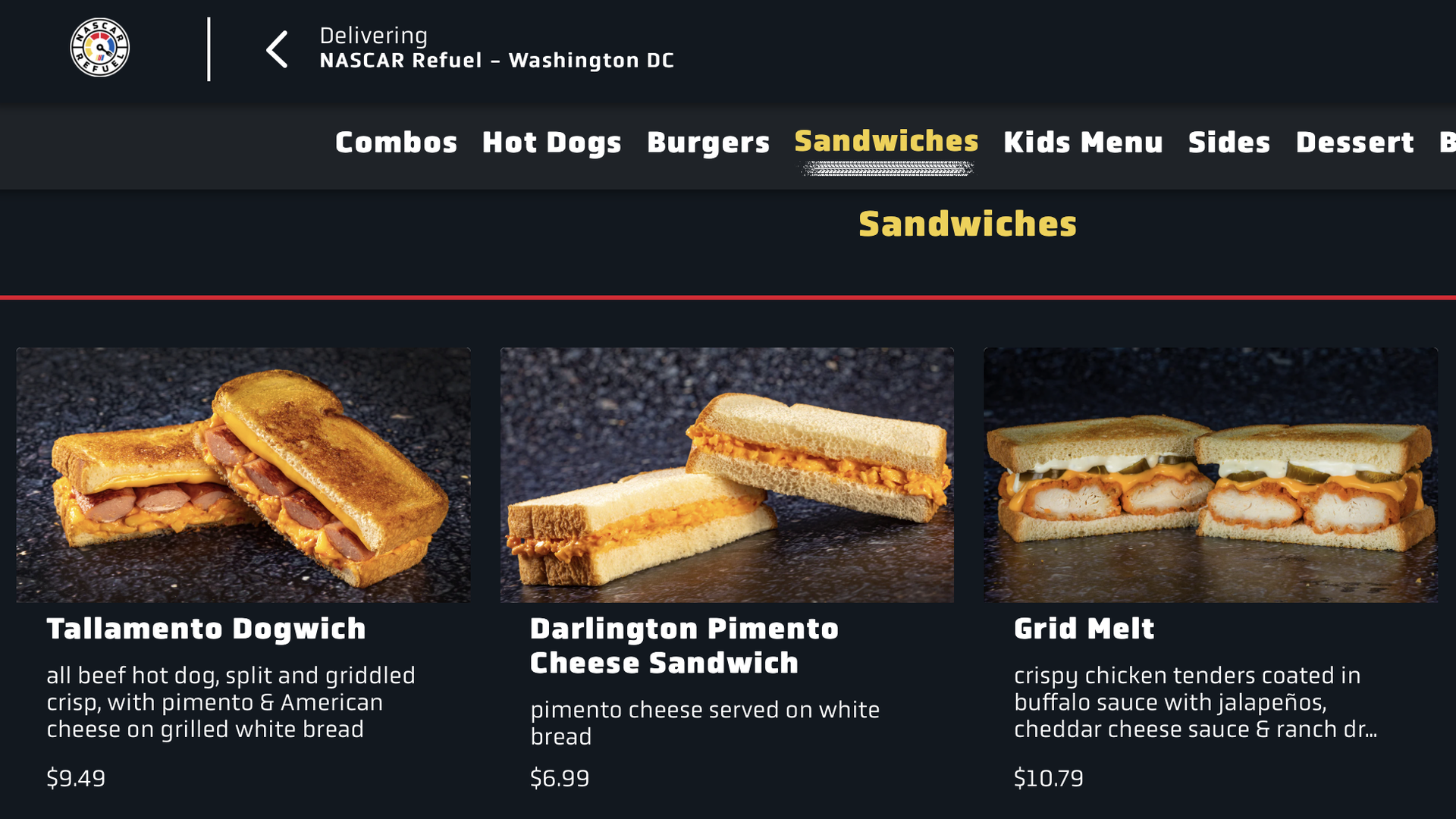 A screenshot of the web ordering program for NASCAR Refuel