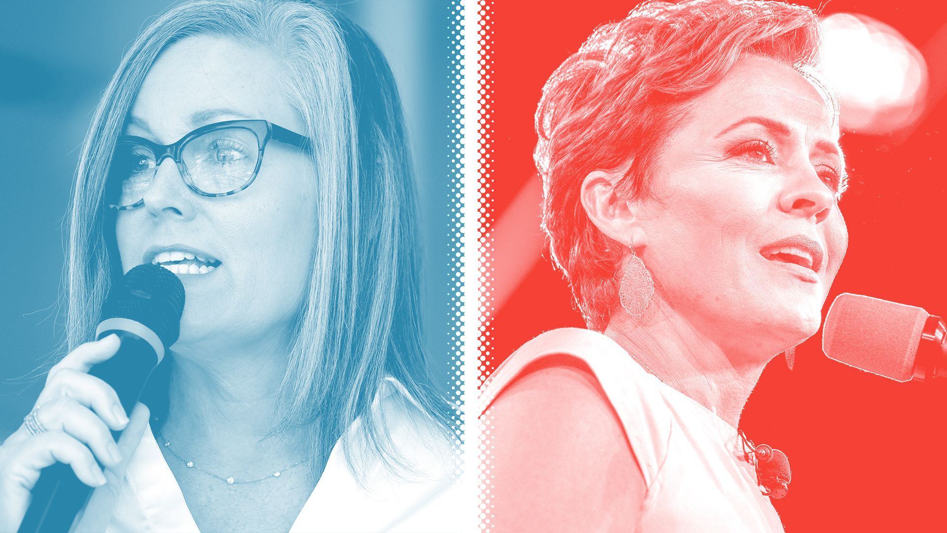 Photo illustration of Katie Hobbs, tinted blue, and Kari Lake, tinted red, separated by a white halftone divider.