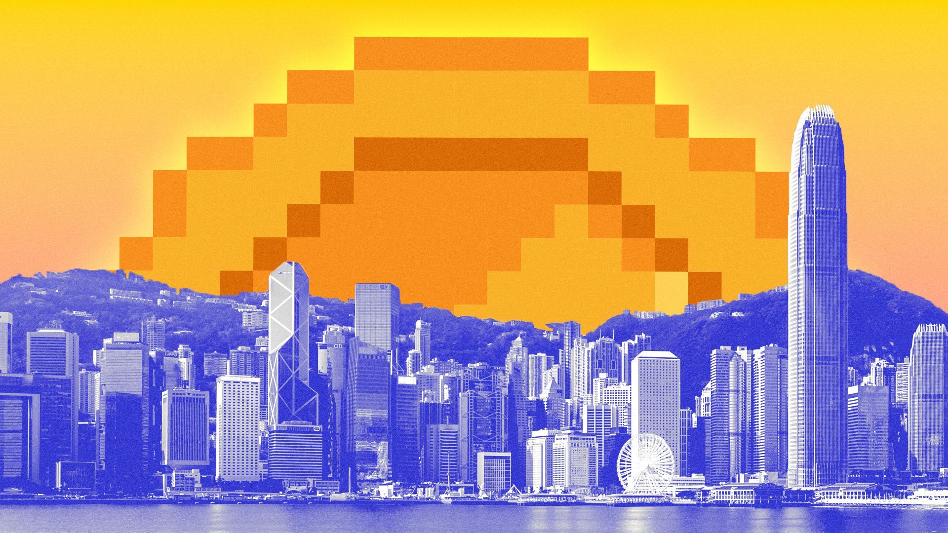 Illustration of a pixelated coin behind Hong Kong's skyline.