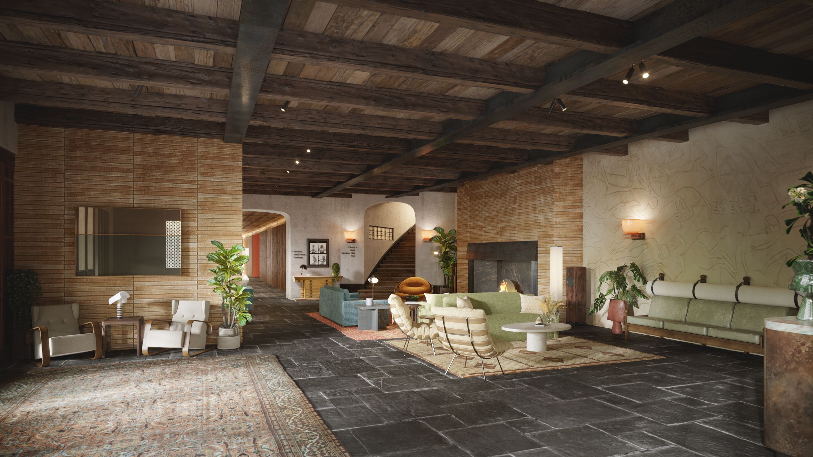 A rendering of a lobby with large fireplace and wooden beams as light pour in from an entrance