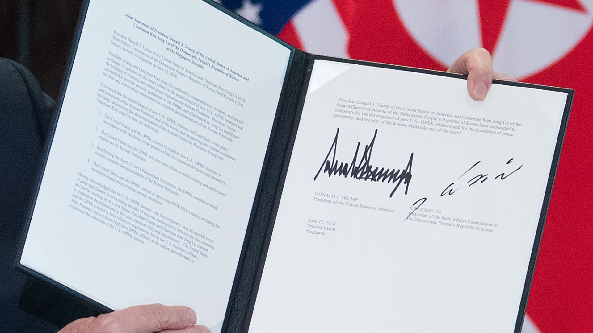 Close up of the document signed by Trump and Kim