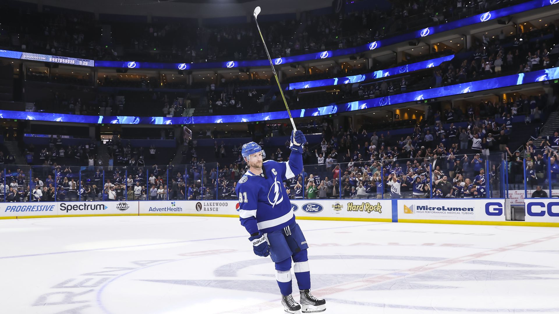 Steven Stamkos #91 of the Tampa Bay Lightning celebrates the win against the Columbus Blue Jackets