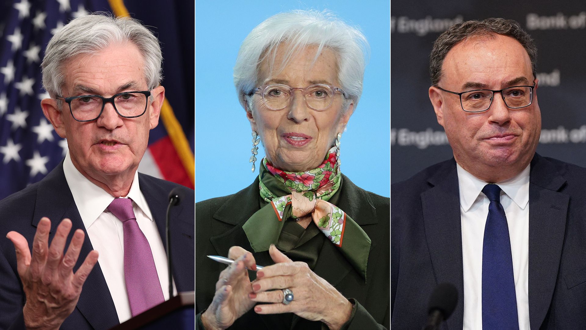 Fed Chair Jerome Powell, ECB President Christine Lagarde, and Bank of England Governor Andrew Bailey