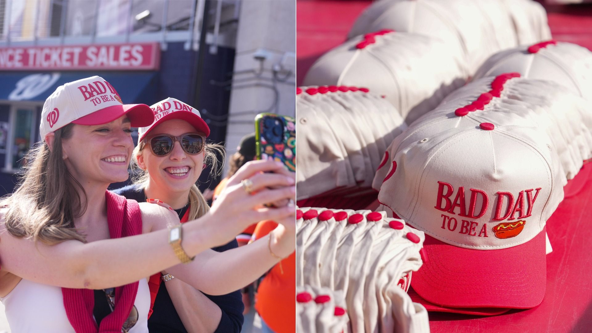 Two women wearing white and pink hats that read "BAD DAY TO BE A" take a sunny selfie; the image is a split shot, with a close-up of the same caps featuring red accents.