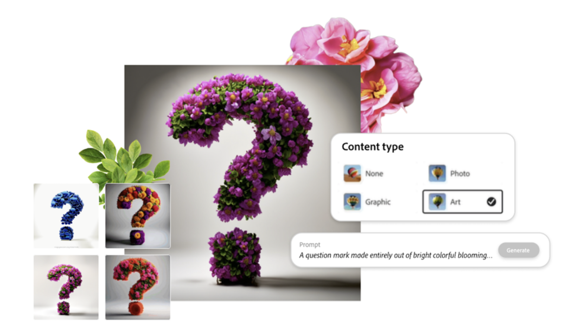 A screenshot of question marks made up of flowers using Adobe Firefly.