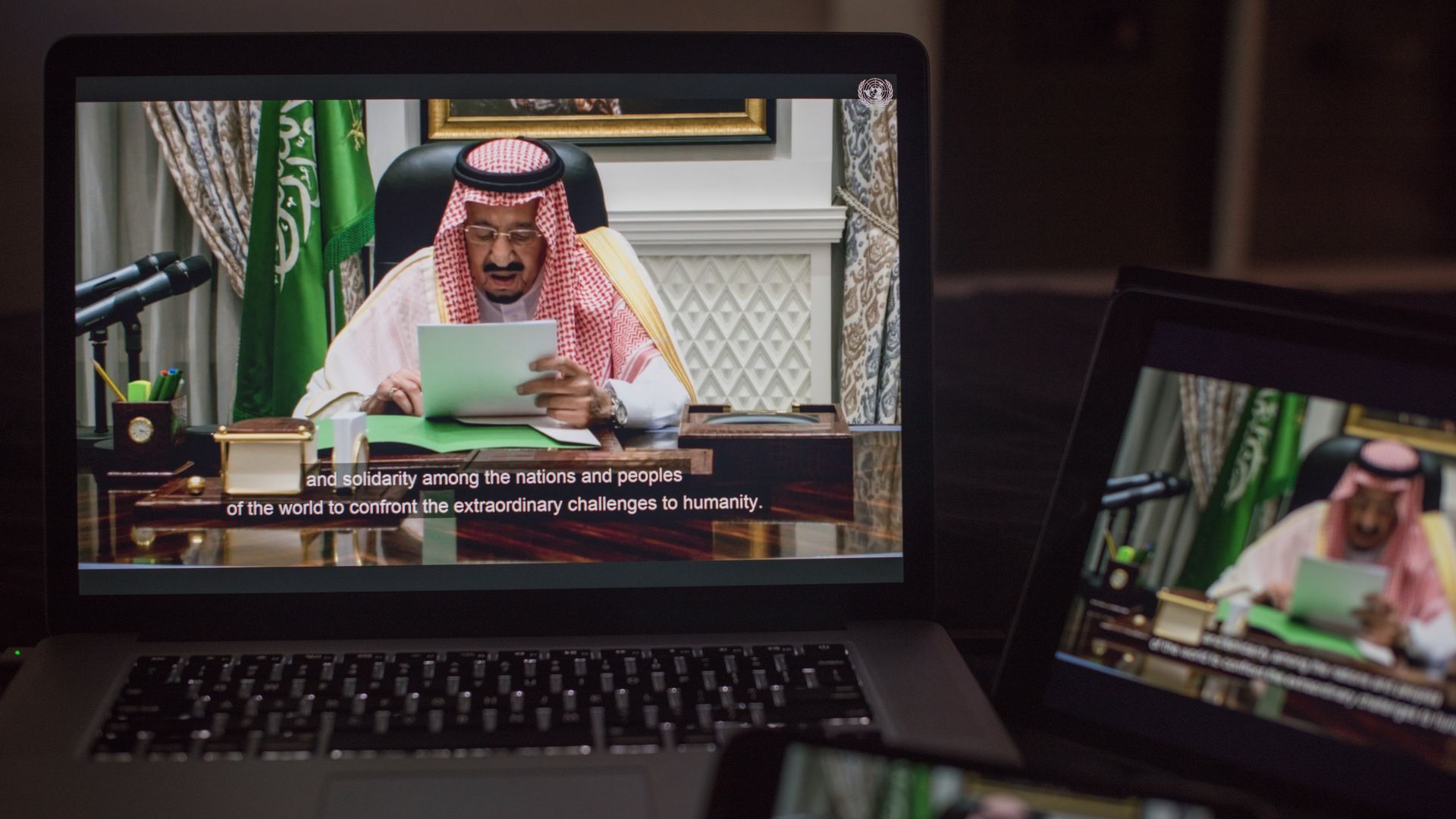 Saudi Arabia's King Salman is seen delivering a speech to the United Nations via Zoom.