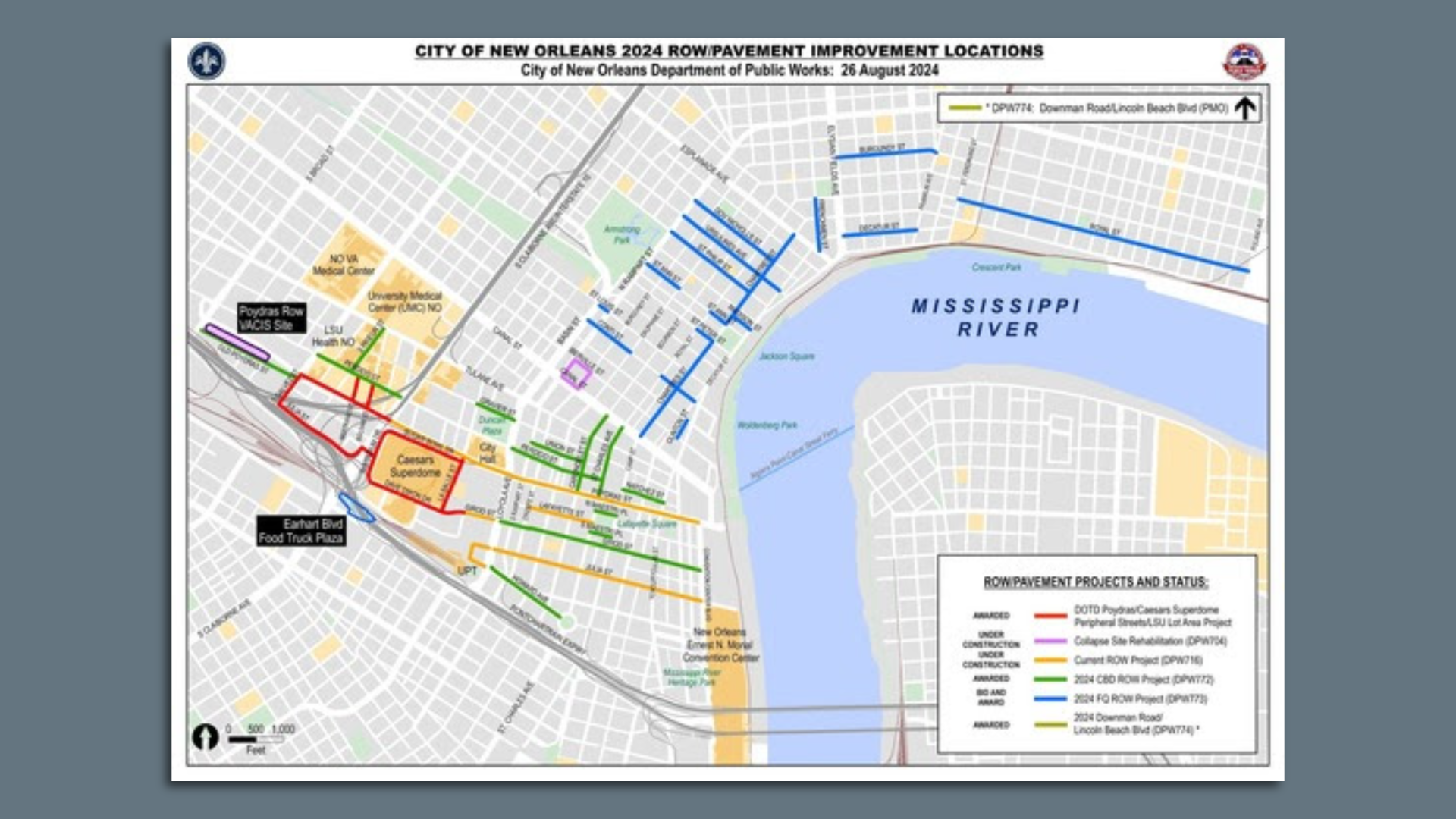 Image shows a map with road work