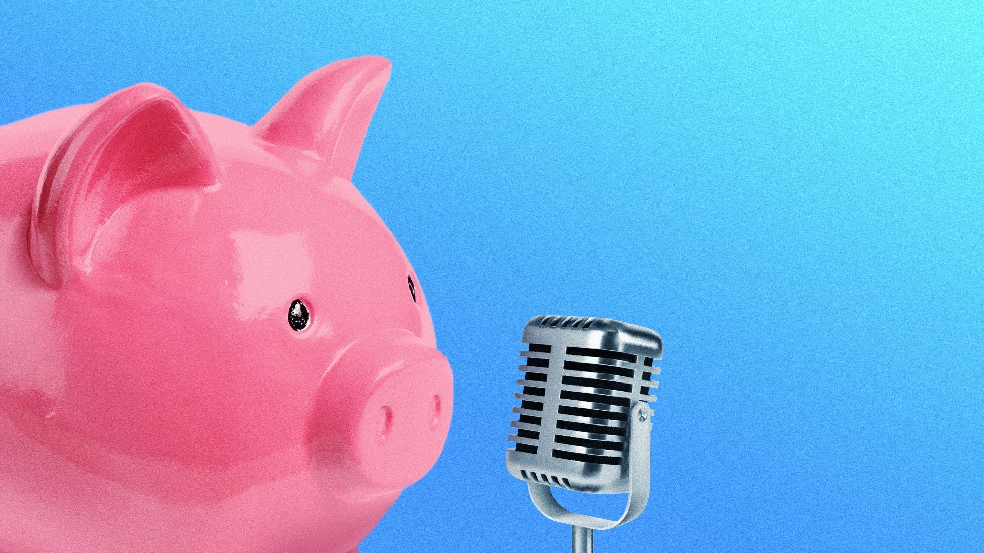 Illustration of a piggy bank standing at a microphone.
