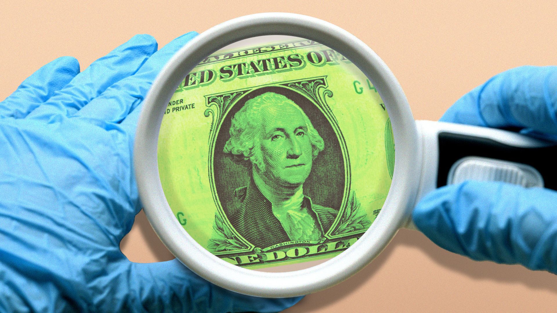 Illustration of a doctor's hands holding a large magnifying glass over a dollar bill.