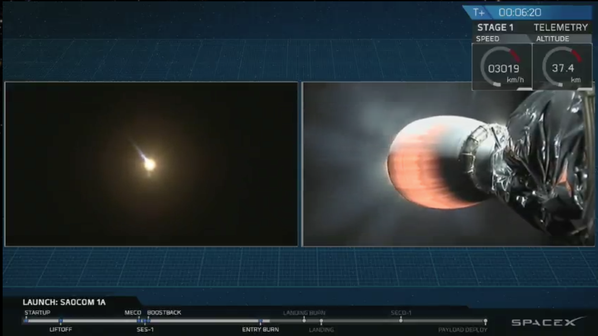 SpaceX rocket lights its engine as it heads for a landing at Vandenberg Air Force Base in California.