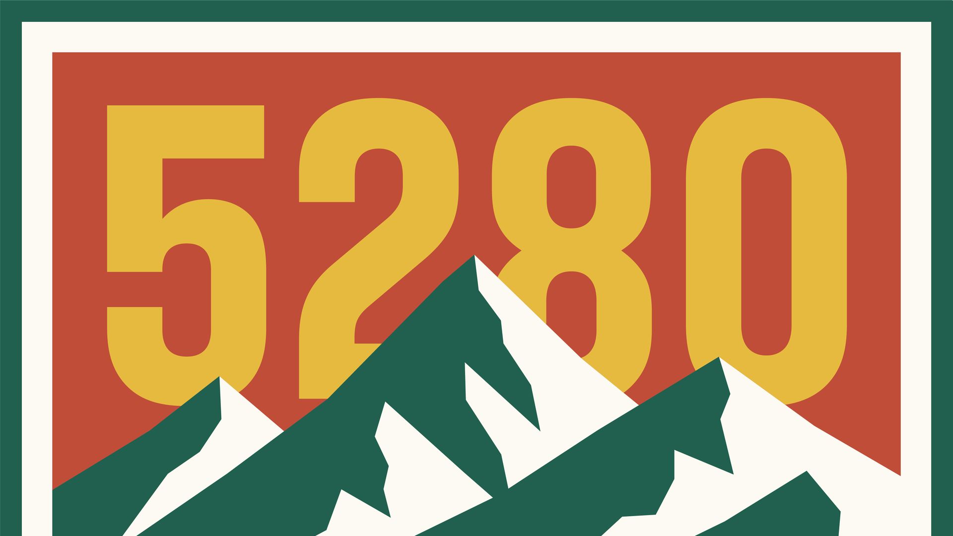 Graphic of green mountains with white peaks in front of large yellow numbers 5280.