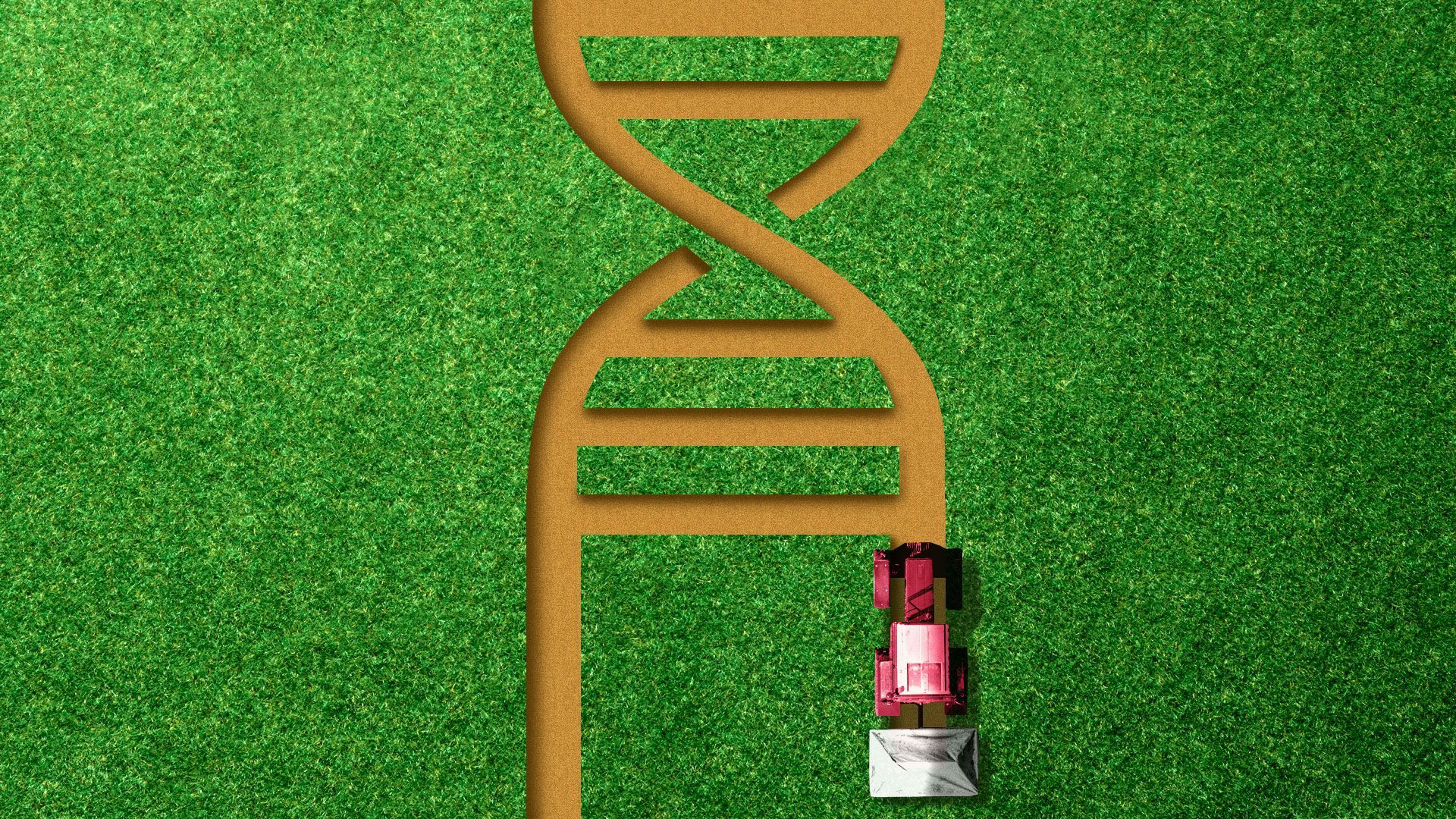 Illustration of harvester cutting a Helix DNA shape into farm land