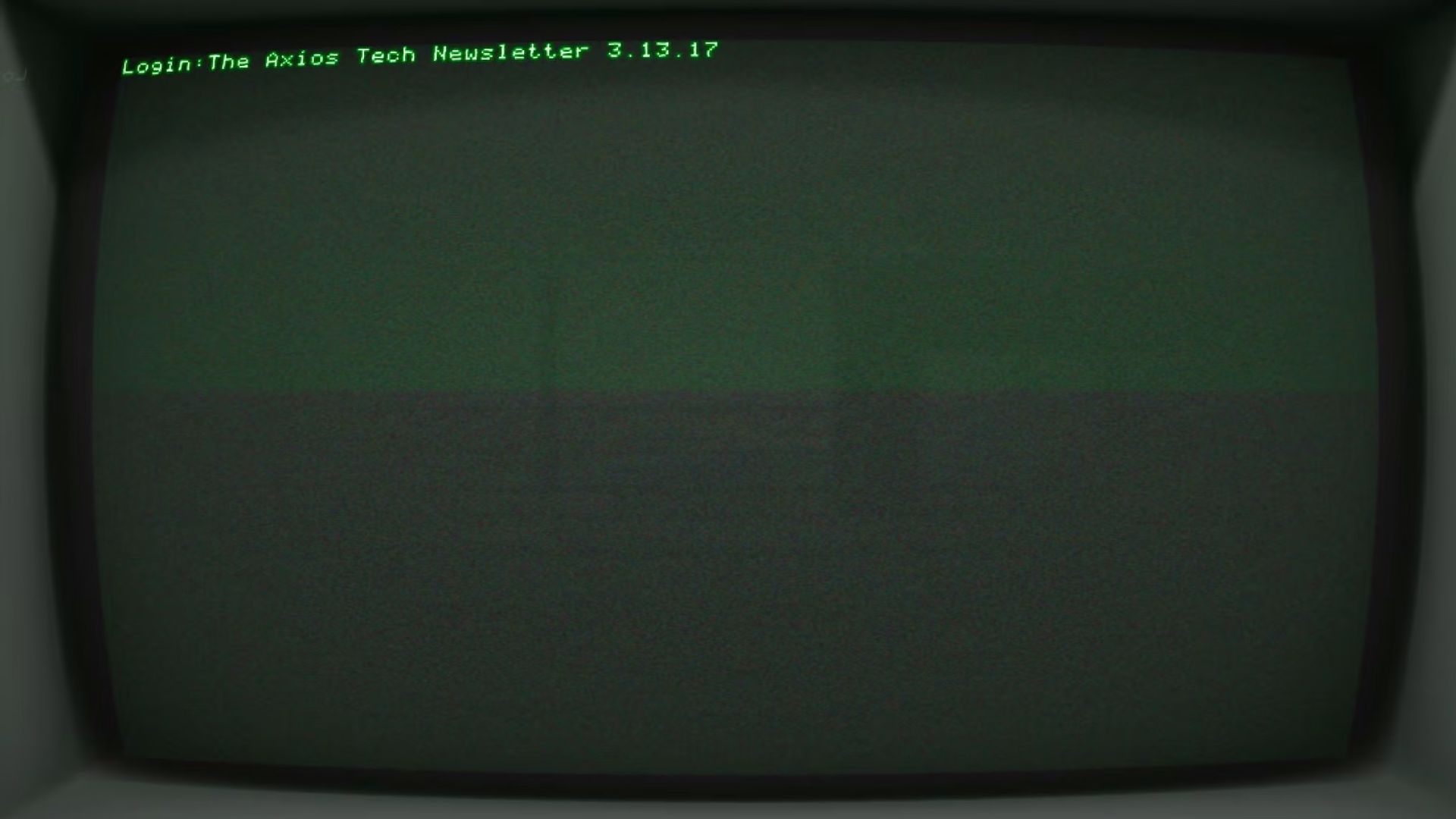 A green screen monitor with the text 
