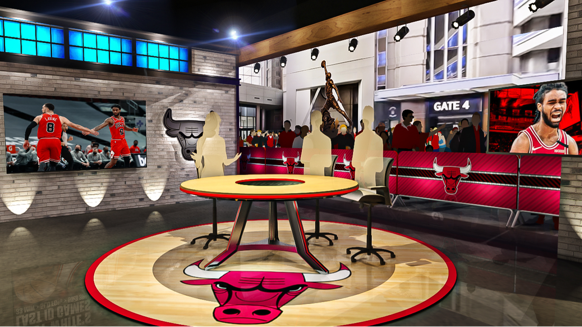A rendering of a broadcast studio with red and white logos of a bull 