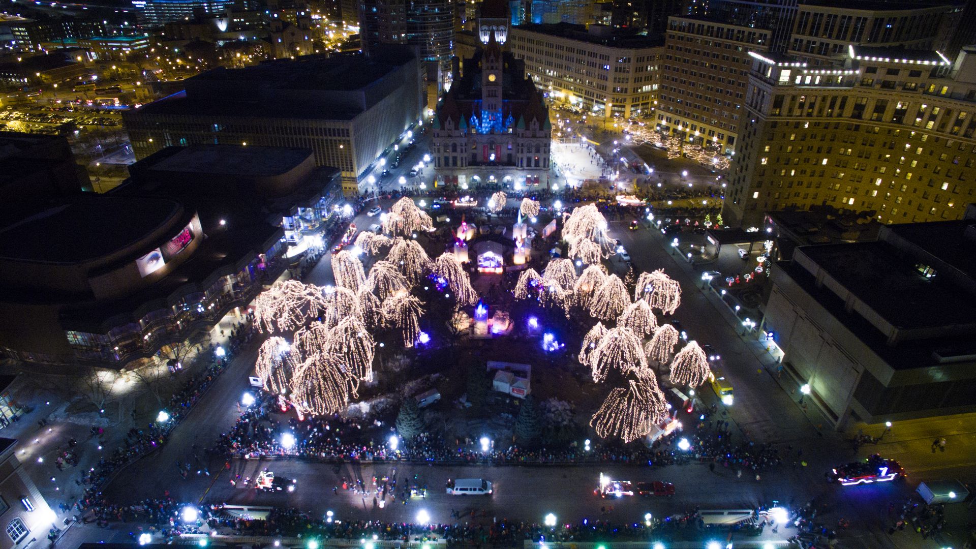 Downtown St. Paul as seen from above at night. 