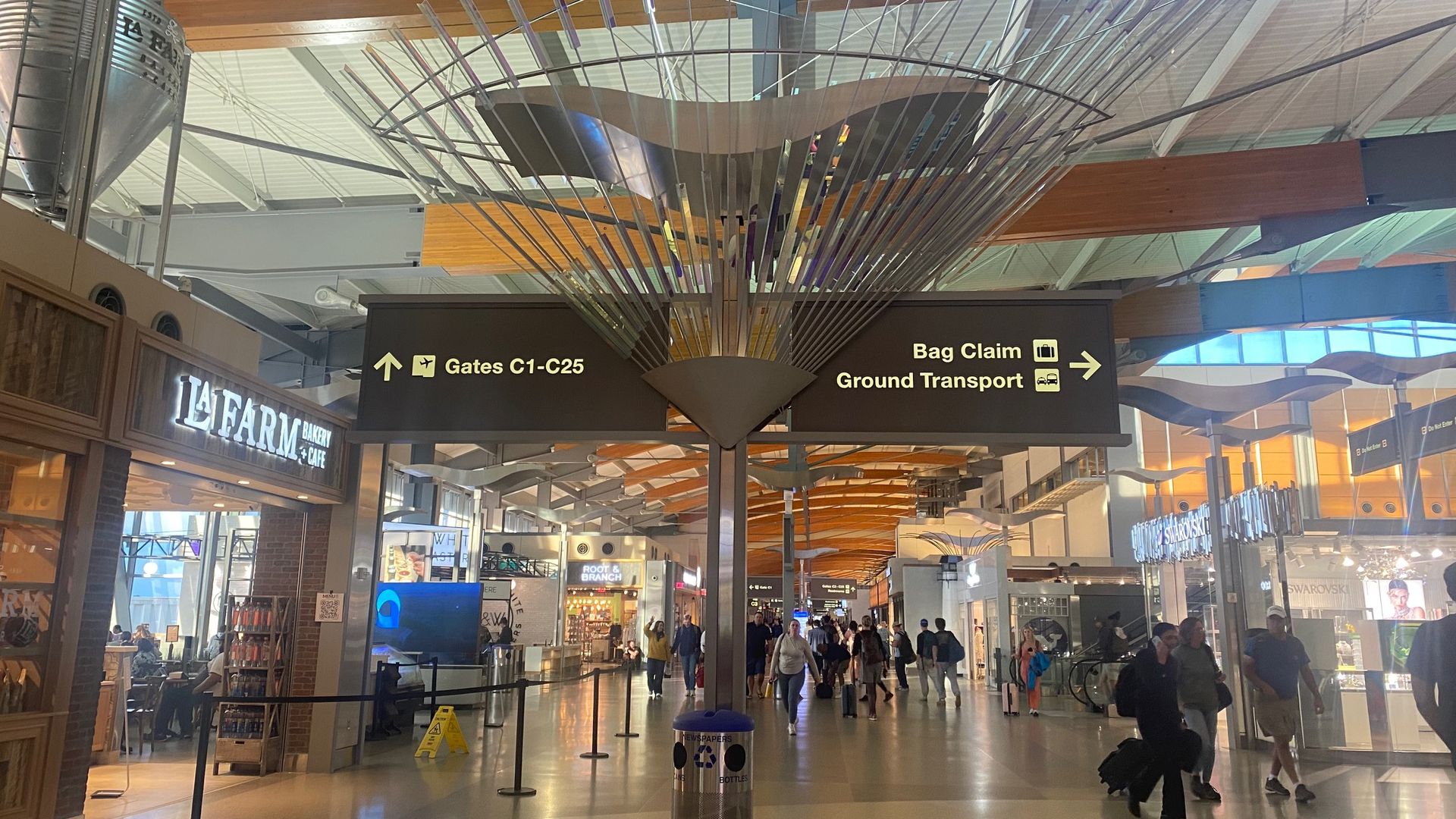 Airport terminal interior with signs directing to Gates C1-C25 ahead and Bag Claim, Ground Transport to the right. People walk through with shops like La Farm and Swarovski visible.