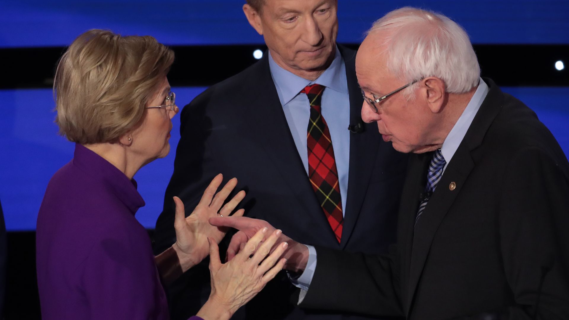 Elizabeth Warren and Bernie Sanders have a heated conversation in the moments following Tuesday's Democratic debate.