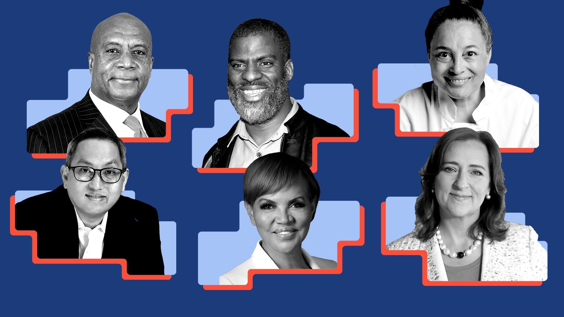 Photo illustration of a collage of Kevin Warren, Che Rhymefest Smith, Sarah Stegner, Laura Ricketts, Claire Babineaux-Fontenot, and Francis Wang framed by stair-like shapes.