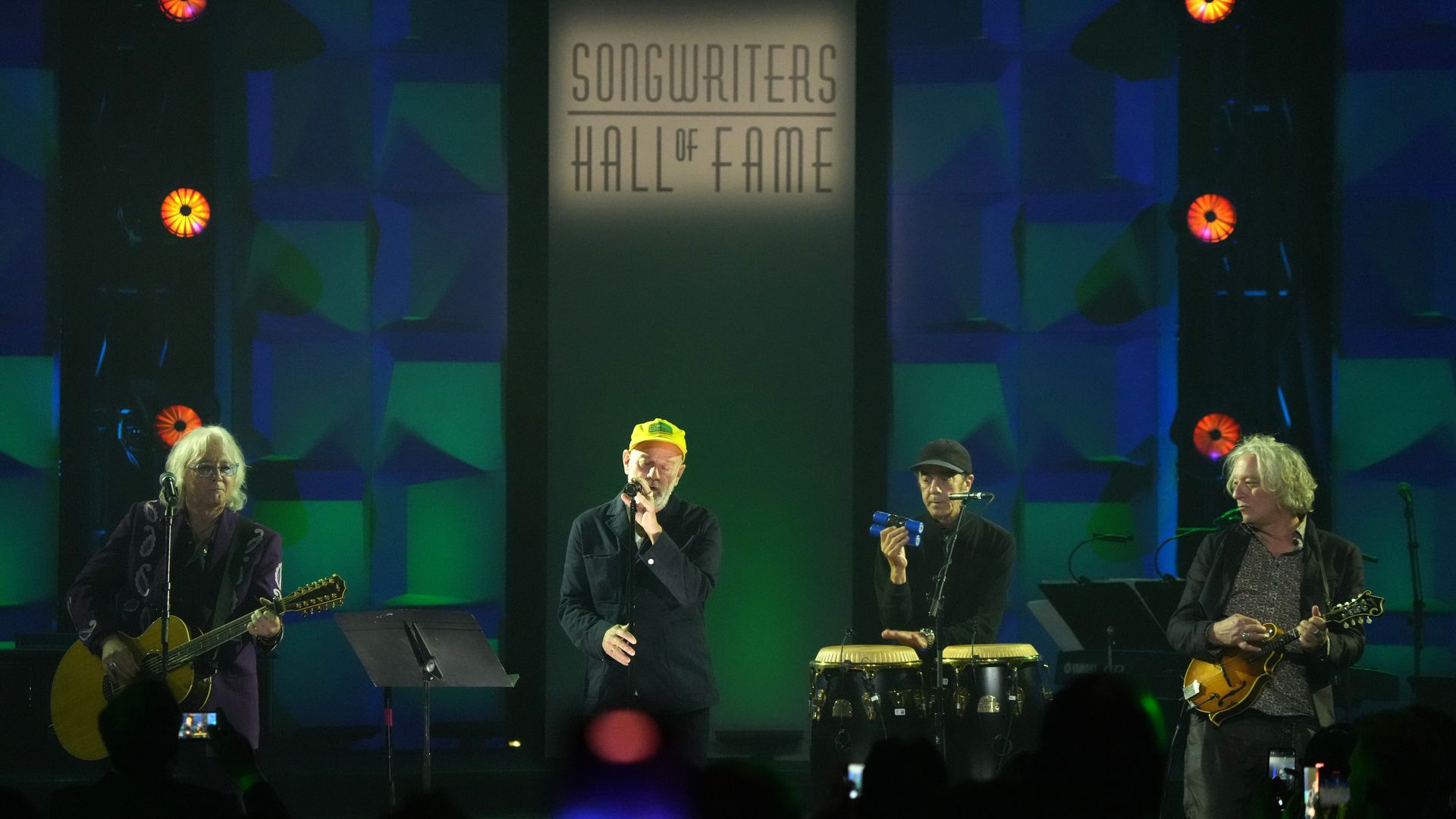 NEW YORK, NEW YORK - JUNE 13: (L-R) Mike Mills, Michael Stipe, Bill Berry and Peter Buck, of R.E.M., perform onstage during the 2024 Songwriters Hall of Fame Induction and Awards Gala at New York Marriott Marquis Hotel on June 13, 2024 in New York City. (Photo by Bennett Raglin/Getty Images for Song
