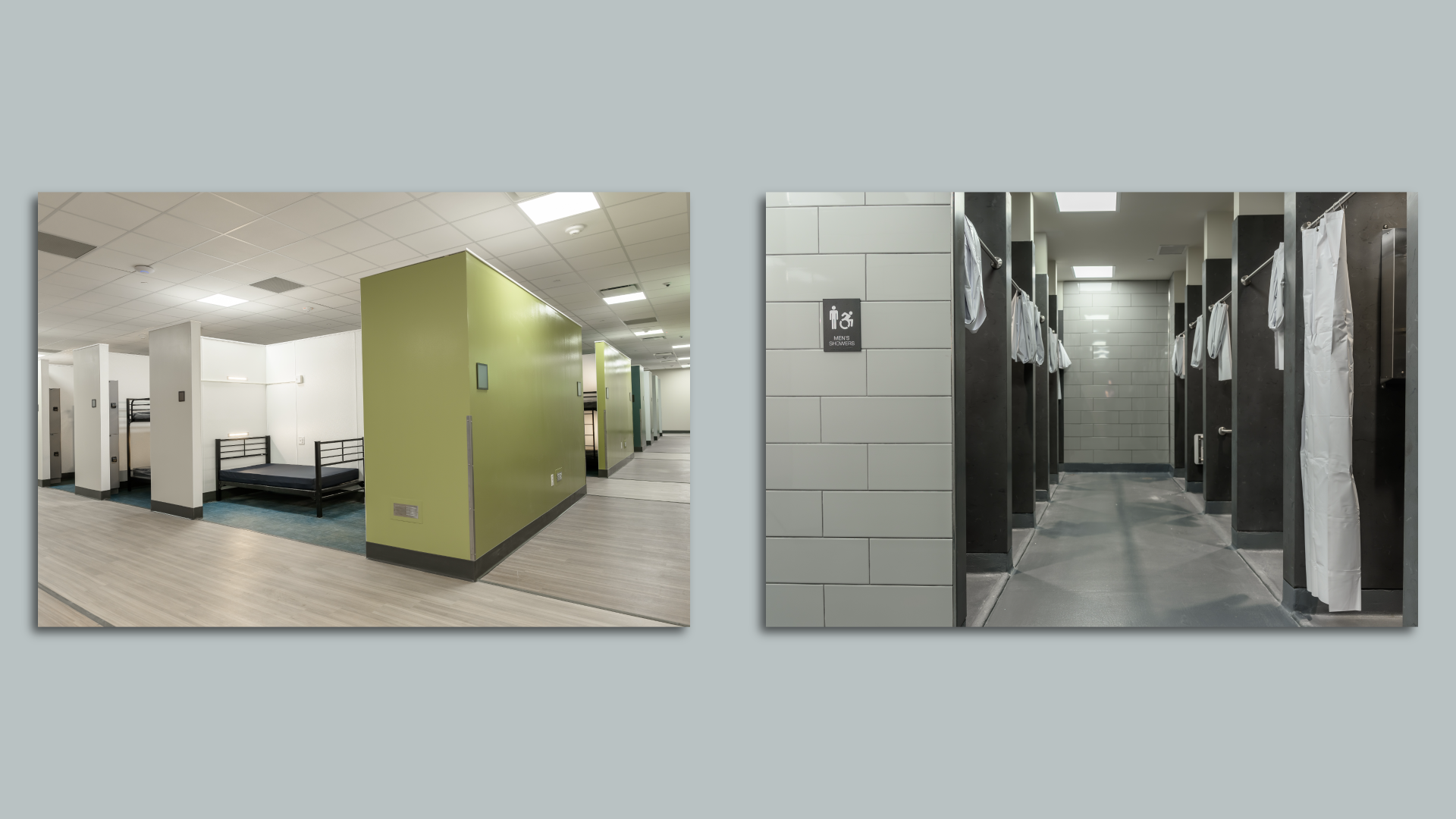 Side by side photos of a homeless shelter interior renovation: sleeping area (L) and showers (R)