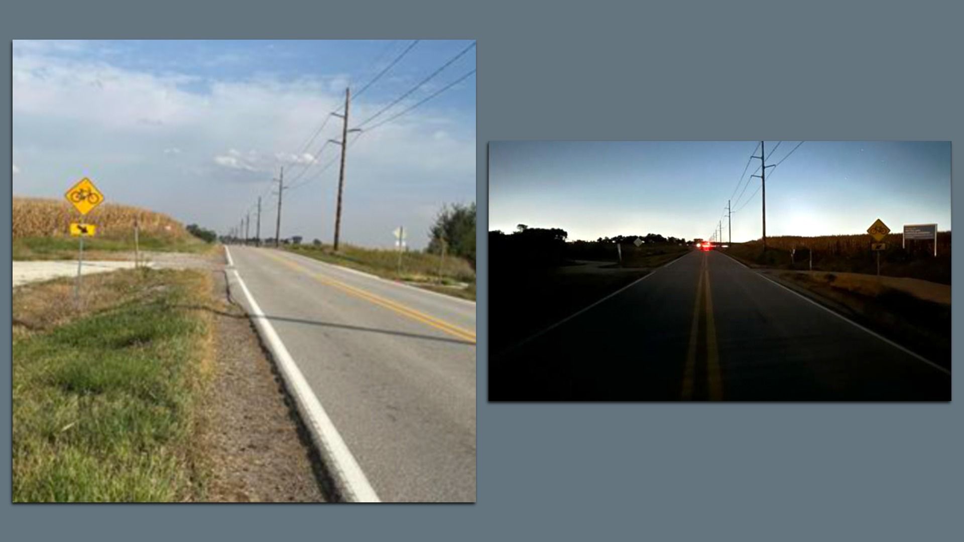 Side-by-side images of a rural road with power lines, a bicycle warning sign, and cornfields; left in daylight, right at dusk with car taillights in the distance.