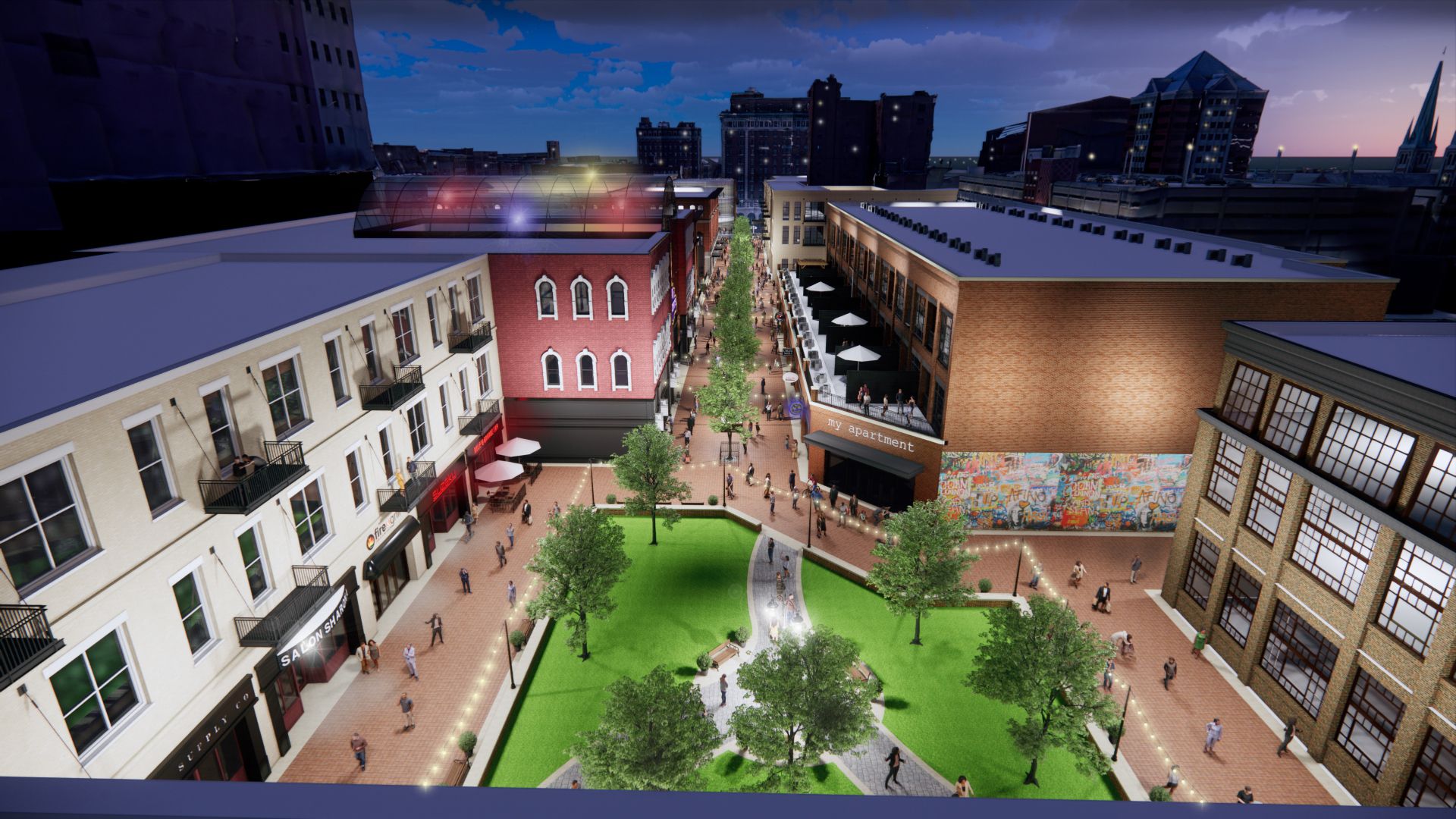 A rendering showing plans to turn the middle of Circle Centre Mall into an open-air area with green space.