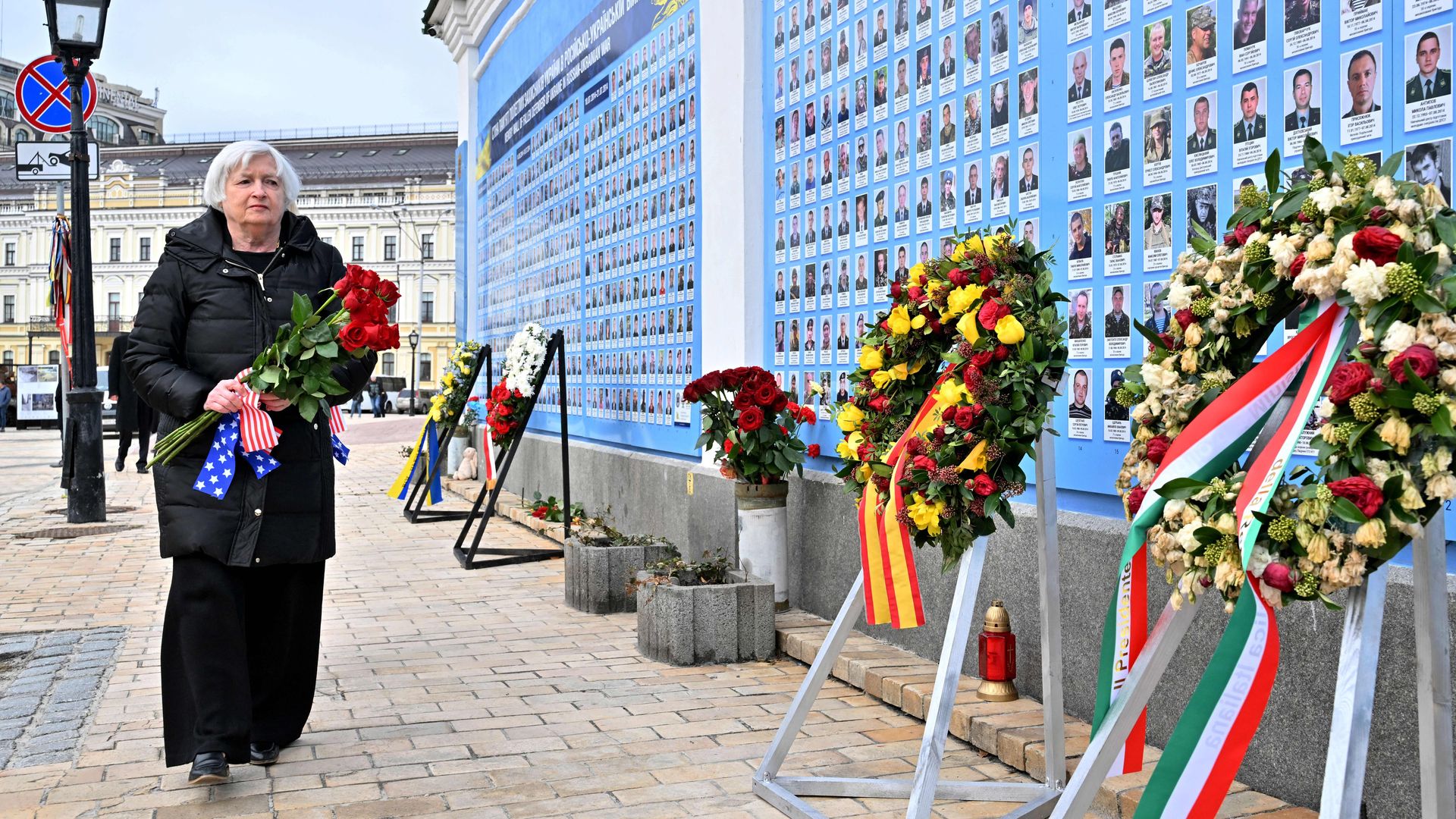 Janet Yellen arrives to lay flowers to a Memory Wall of Fallen Defenders of Ukraine