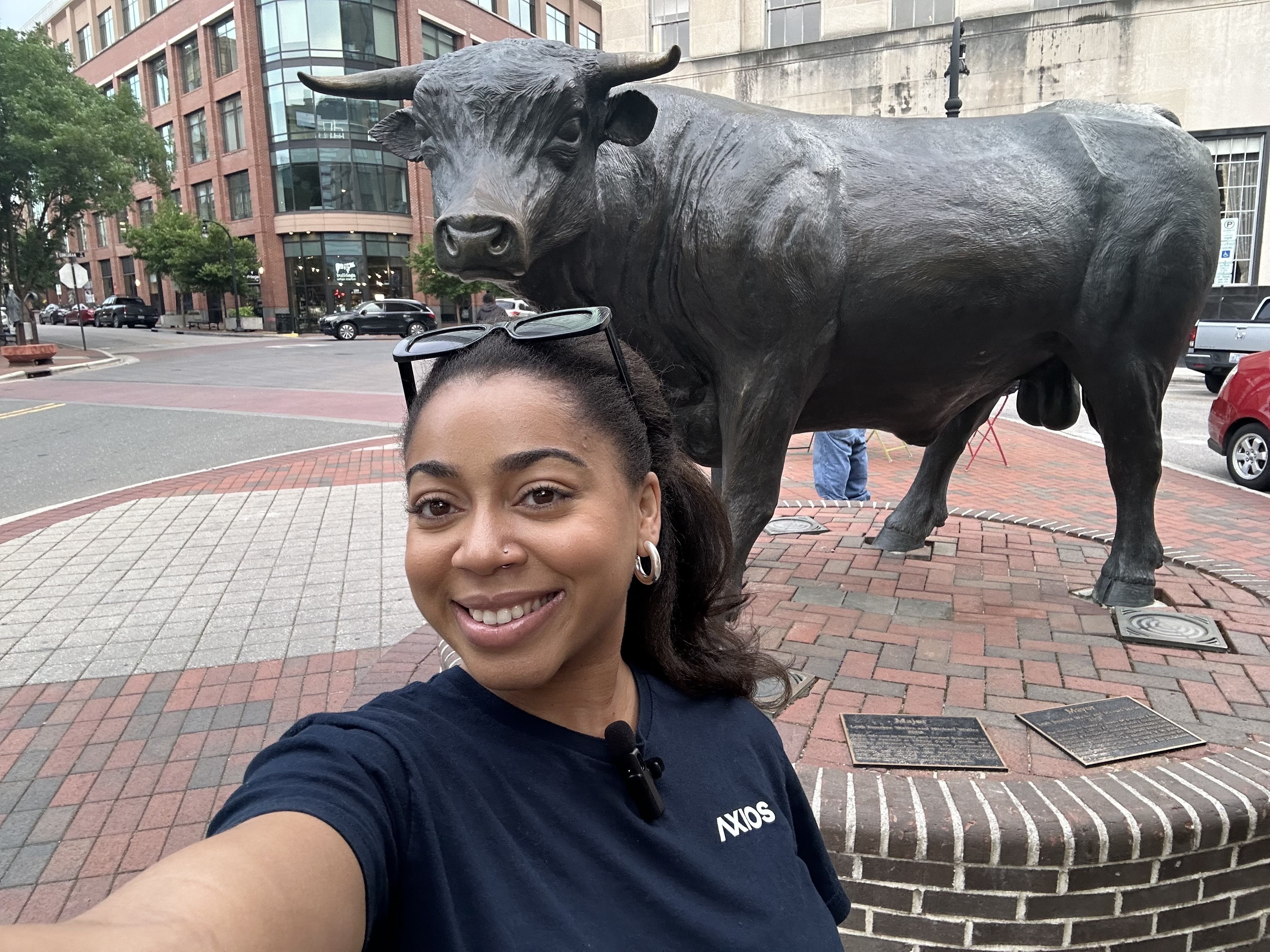 Taking a selfie in front of Major the Bull